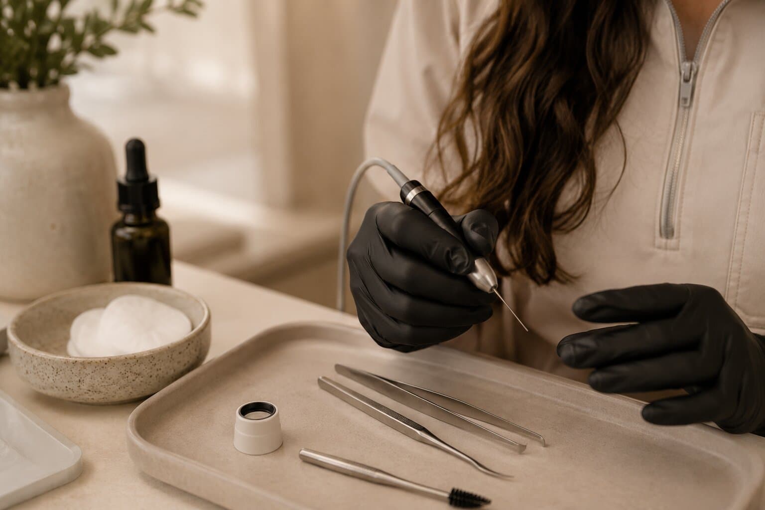 Electrolysis tools and gloved hands at the Esthetic Laser Inc studio — precision work, one follicle at a time